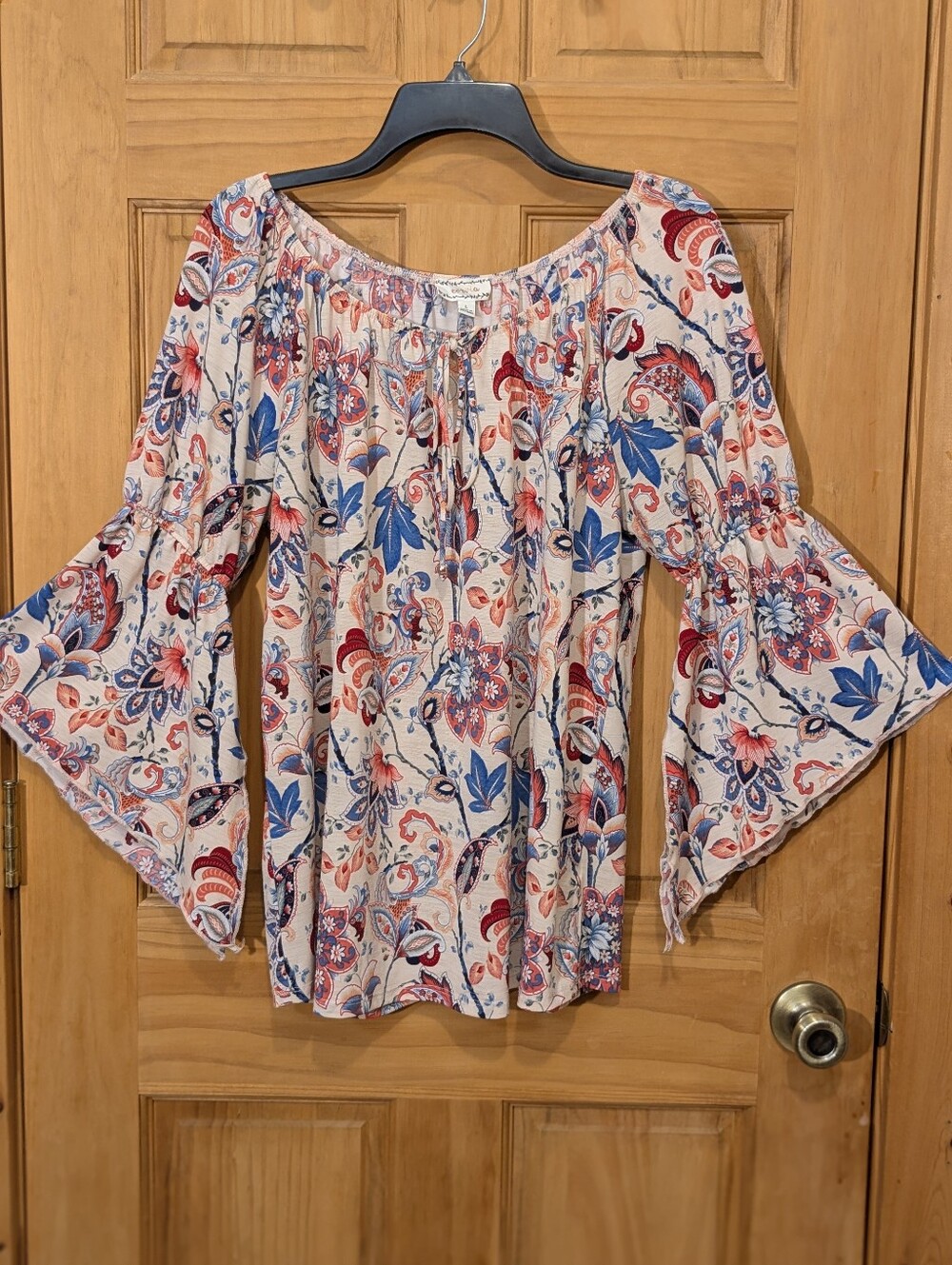 Corvia Top Blouse Paisley Boat Neck Bell Sleeve Flowy Boho Stretch Cream Blue LG